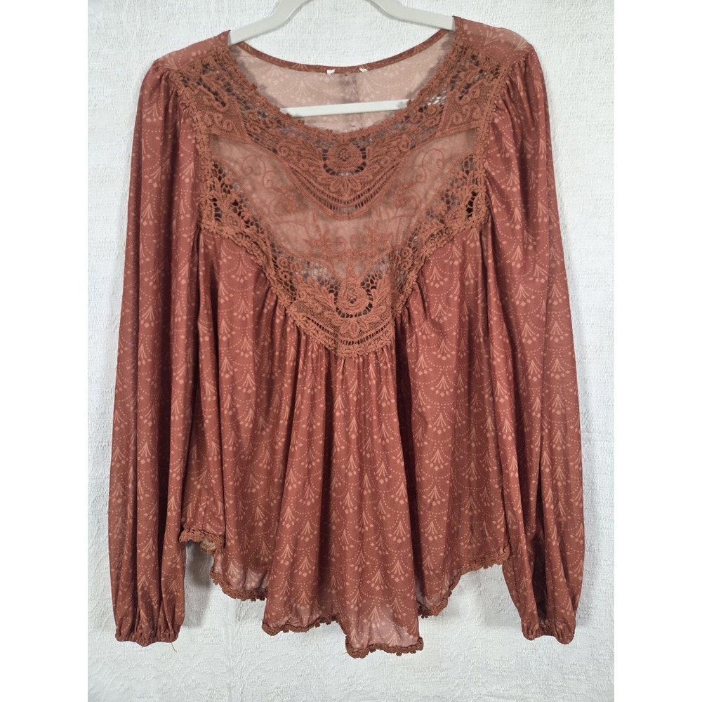 Vici Lace Inset Babydoll Blouse Womens Sm Rust Geometric Print Boho Peasant Top - Picture 2 of 7